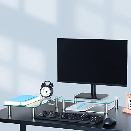 SKRYARD モニター台 机上台 高さ微調整可能 パソコン台 幅40cm 耐荷重20kg キーボード収納 pcスタンド モニタースタンド 安定性よい 透明 強化ガラス製 2個セット